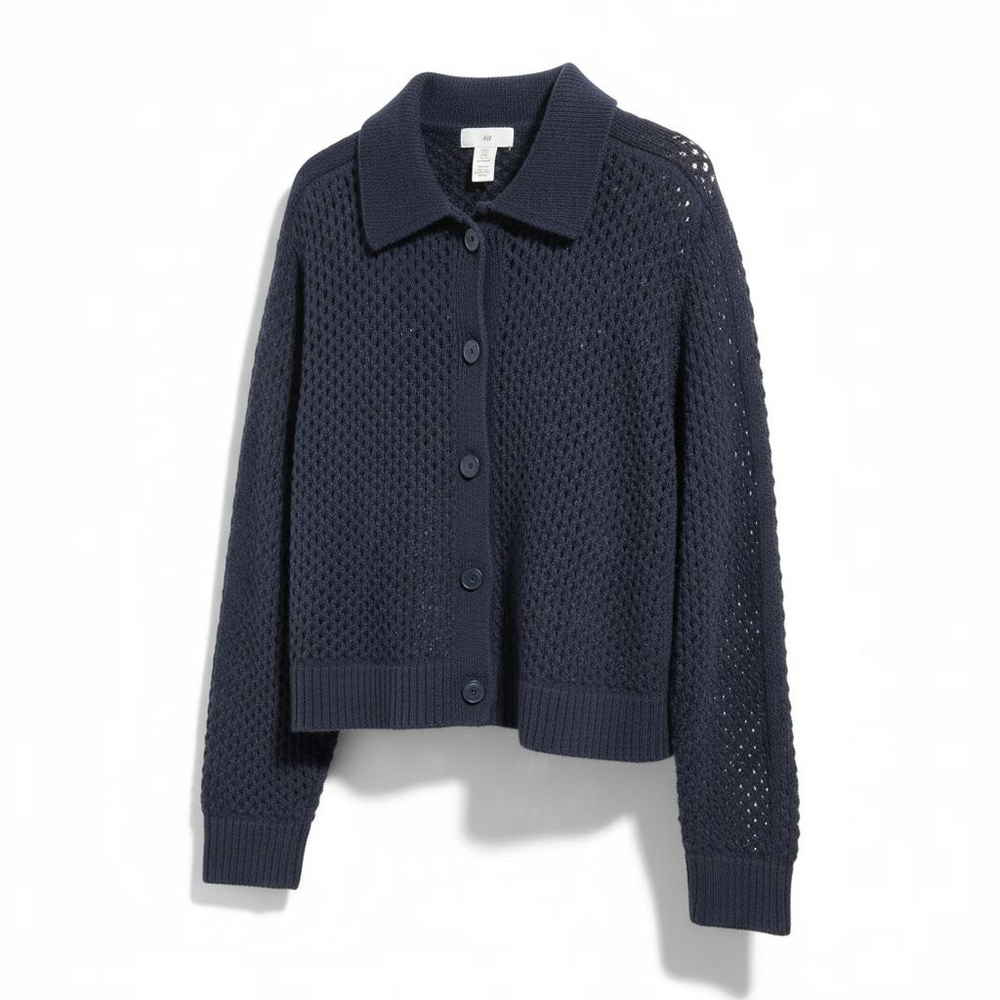 H&M Knitted Mesh Polo Button Front Cardigan in Black - Picture 2 of 9